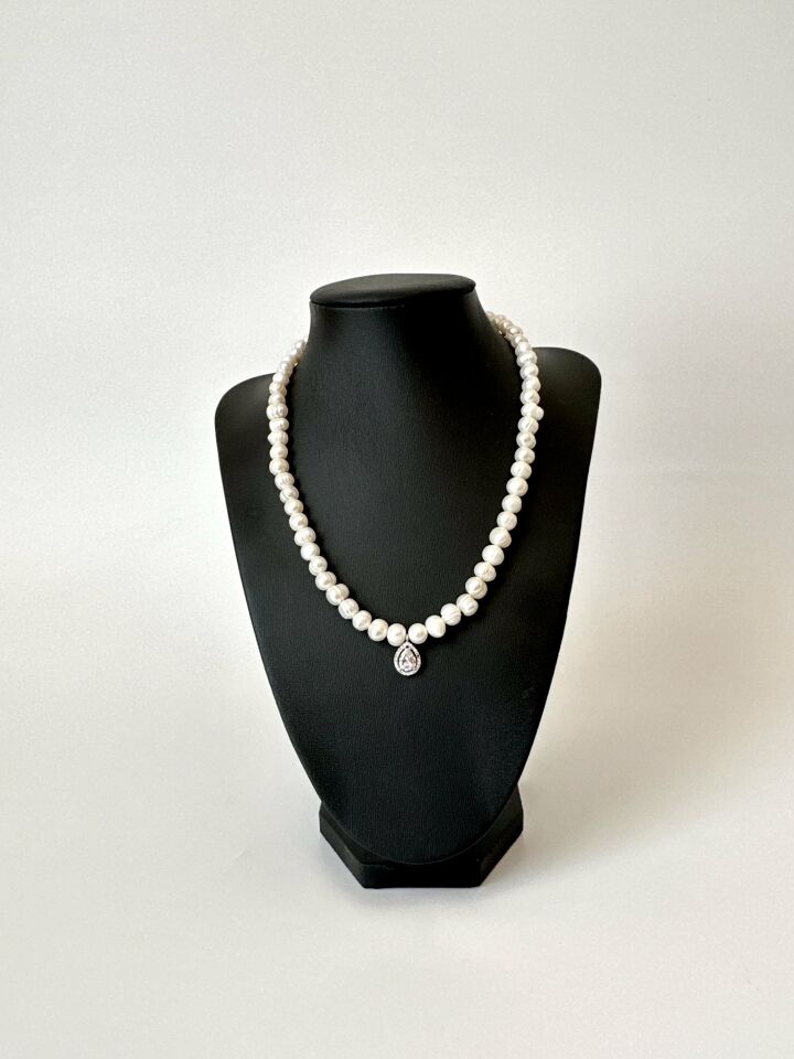 Zirkon Taşlı Damla Model Gerçek İnci Kolye