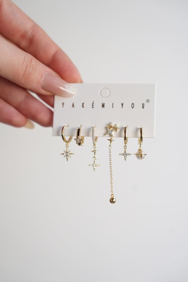 Pirinç Gold Renk Zirkon Taşlı Yıldız Model Kadın Küpe Set