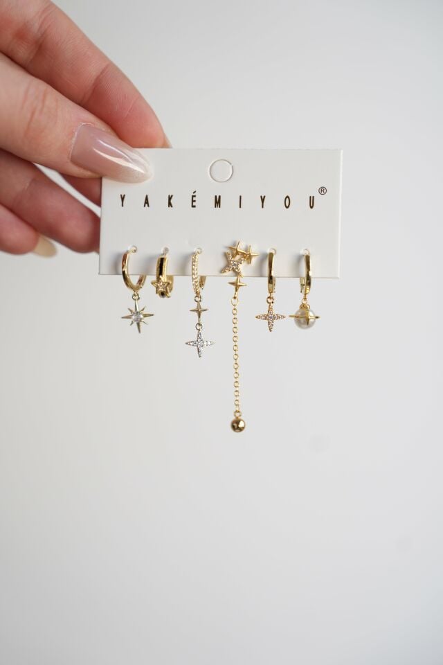 Pirinç Gold Renk Zirkon Taşlı Yıldız Model Kadın Küpe Set