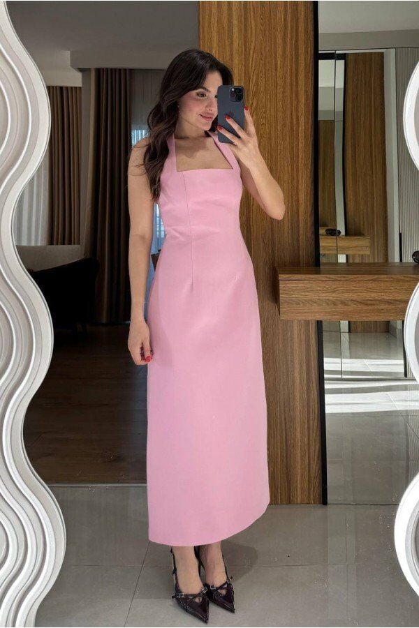 Toz Pembe Uzun Elbise