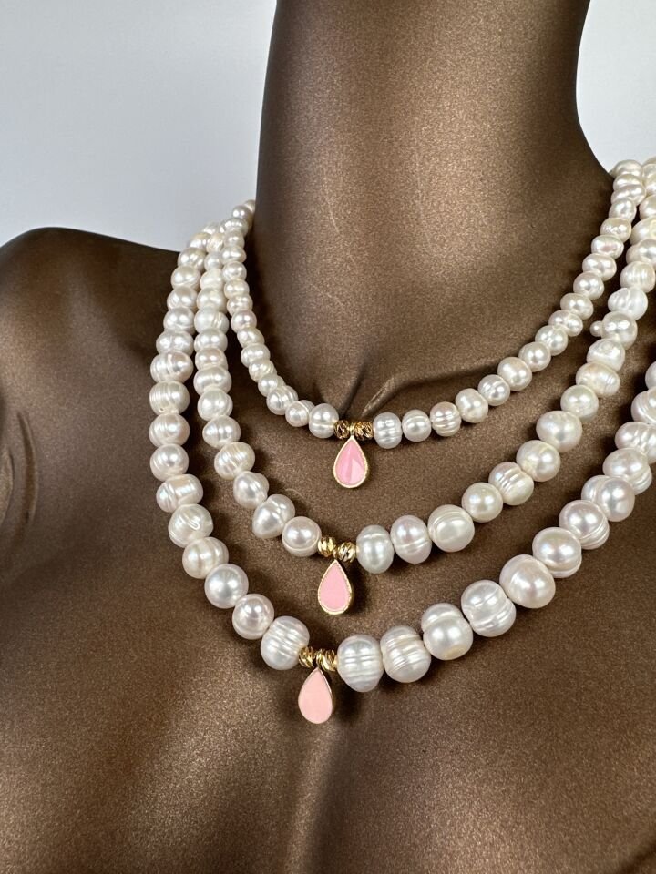 Tasarlanabilir Damla Detaylı Gerçek İnci Kolye Pembe - 7-8 mm - S (40+5 cm)