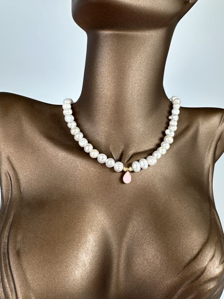 Tasarlanabilir Damla Detaylı Gerçek İnci Kolye Pembe - 7-8 mm - S (40+5 cm)