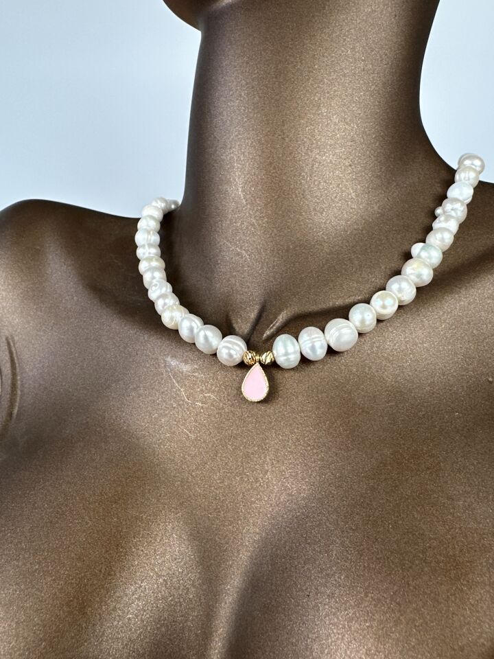 Tasarlanabilir Damla Detaylı Gerçek İnci Kolye Pembe - 7-8 mm - S (40+5 cm)