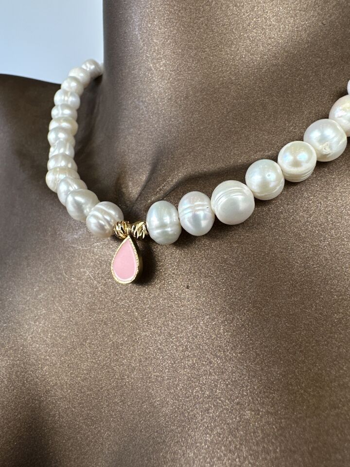 Tasarlanabilir Damla Detaylı Gerçek İnci Kolye Pembe - 7-8 mm - S (40+5 cm)