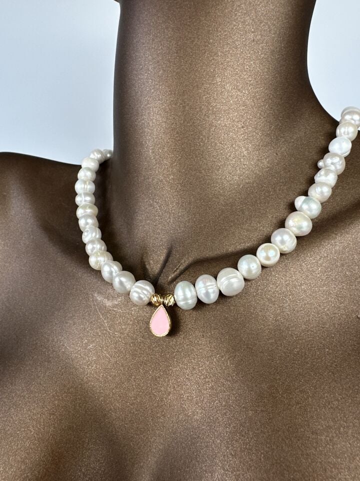 Tasarlanabilir Damla Detaylı Gerçek İnci Kolye Pembe - 7-8 mm - S (40+5 cm)