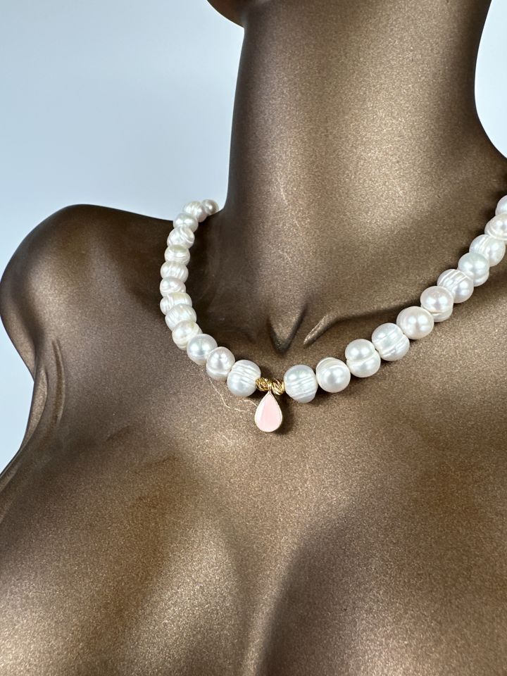 Tasarlanabilir Damla Detaylı Gerçek İnci Kolye Pembe - 9-10 mm - S (40+5 cm)