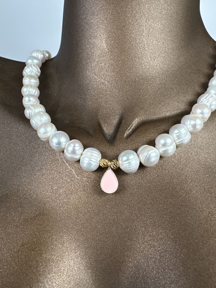 Tasarlanabilir Damla Detaylı Gerçek İnci Kolye Pembe - 9-10 mm - S (40+5 cm)