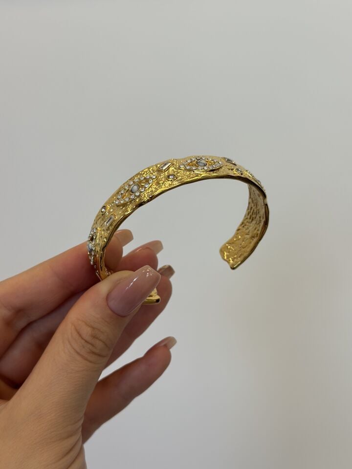 Çelik Açık Vintage Beyaz Taşlı Kelepçe