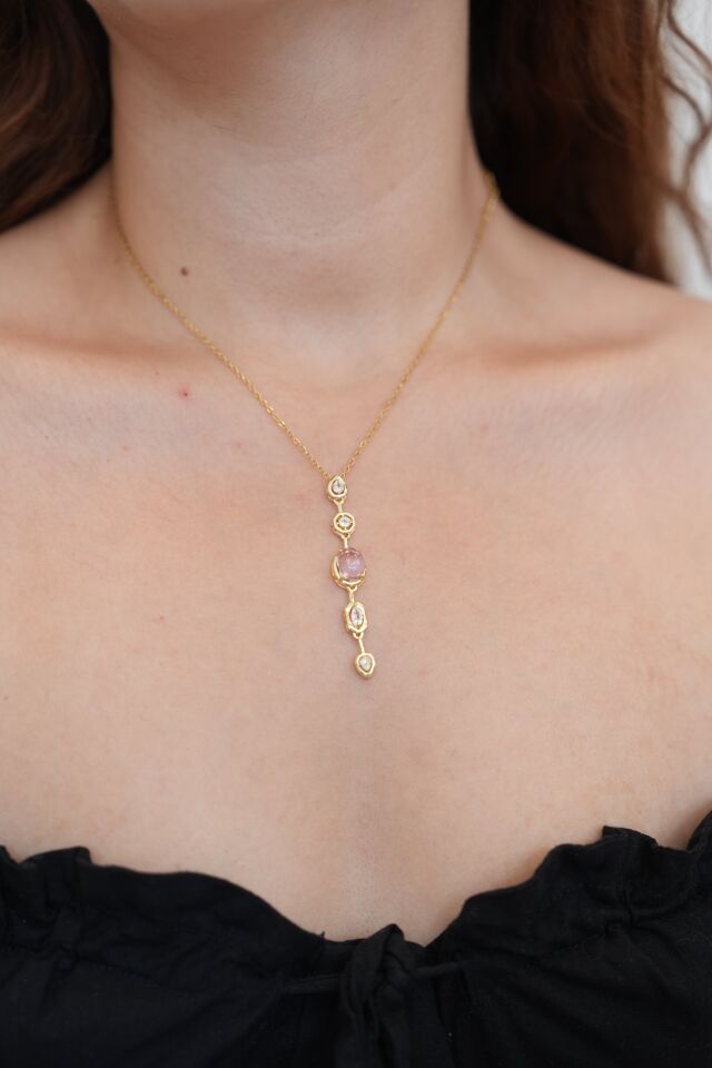 316l Çelik Zincir Gold Renk Pembe Zirkon Taşlı Y Kolye