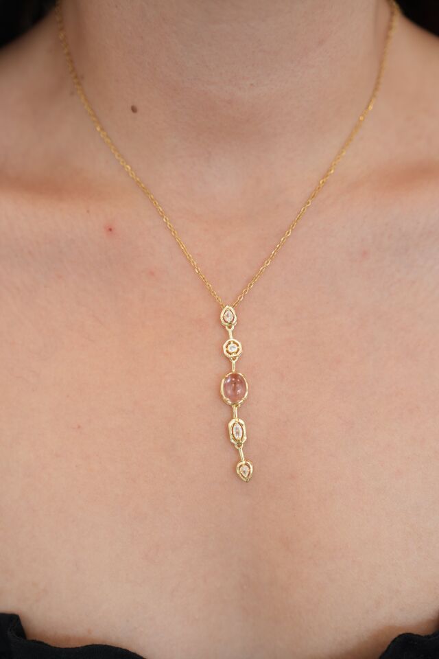 316l Çelik Zincir Gold Renk Pembe Zirkon Taşlı Y Kolye