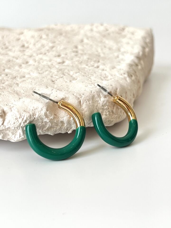 Yeşil ve Gold Birleşimli Modern Halka Küpe