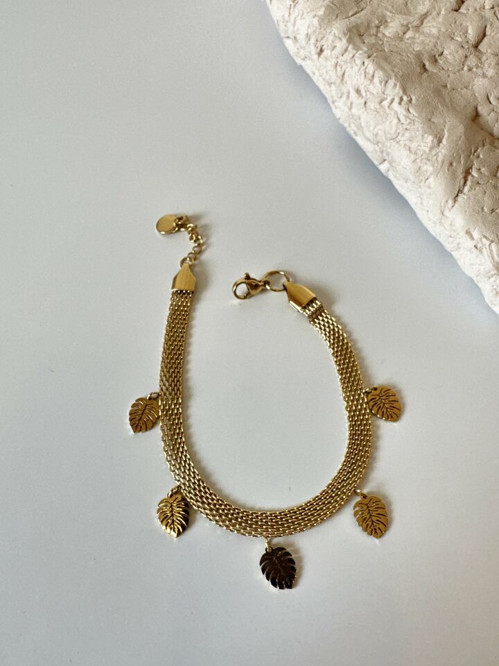 Yaprak Sallantılı Örme Gold Renkli Çelik Bileklik
