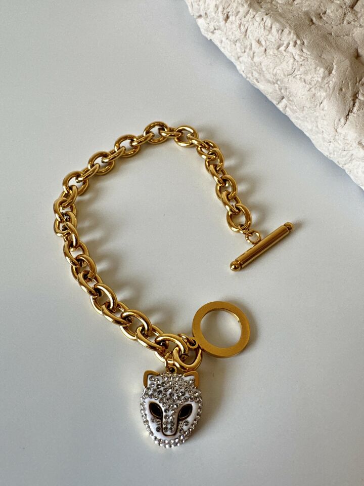 Zirkon Taş Detaylı Kedi Sallantılı Gold Renkli Çelik Bileklik