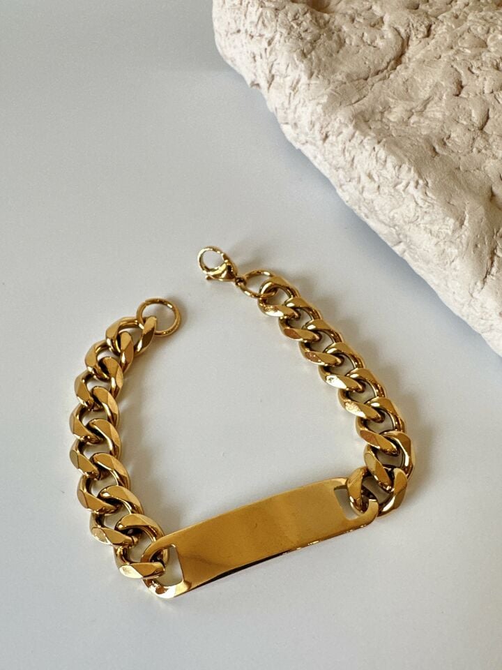 Plaka Detaylı Çelik Kalın Zincir Gold Bileklik