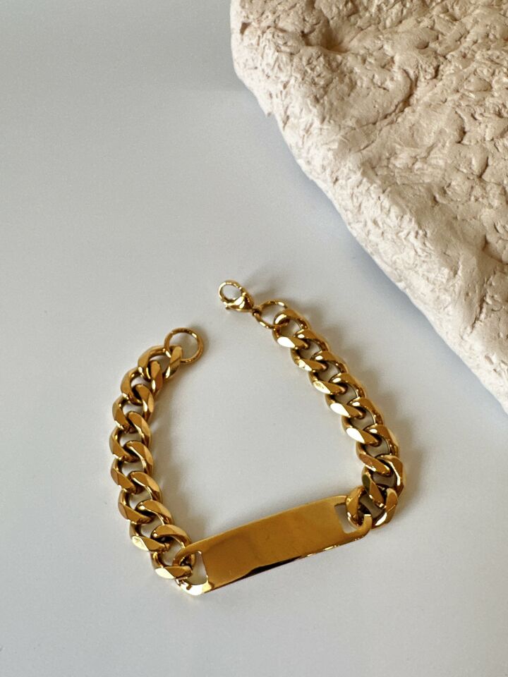 Plaka Detaylı Çelik Kalın Zincir Gold Bileklik