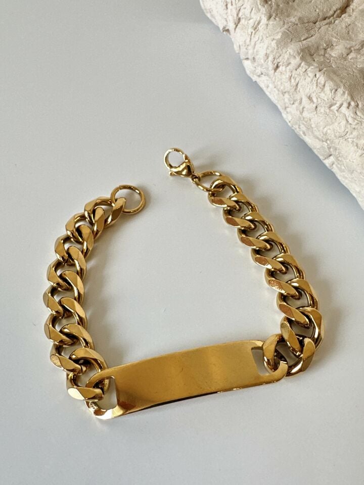 Plaka Detaylı Çelik Kalın Zincir Gold Bileklik
