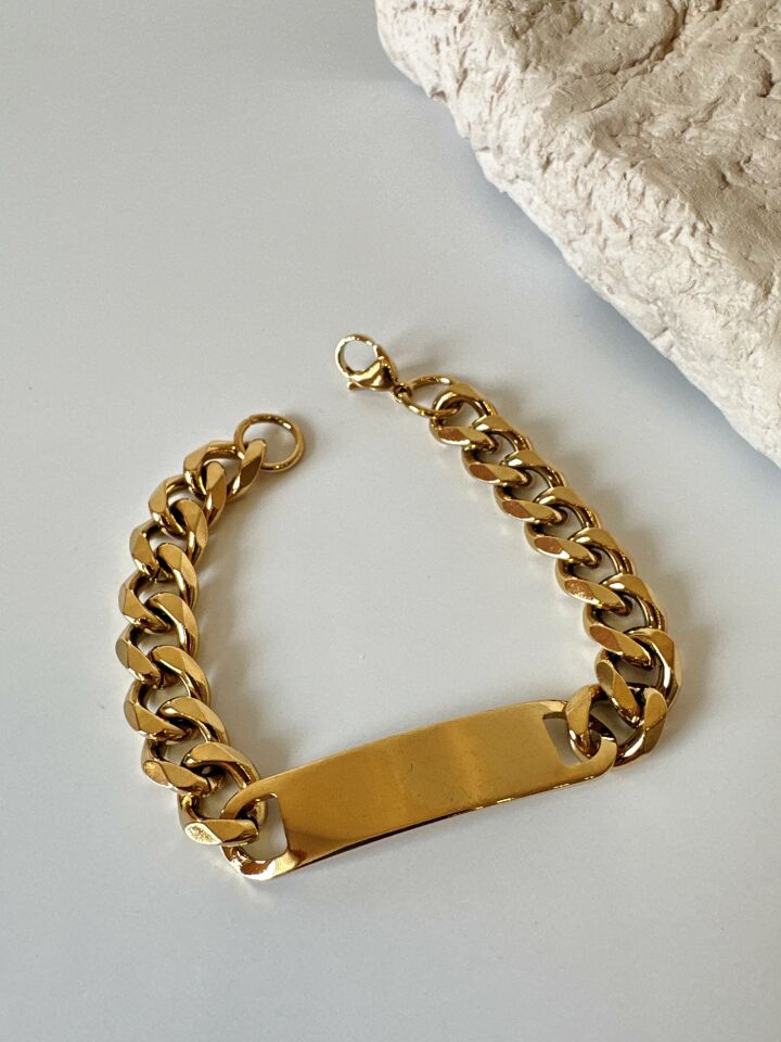 Plaka Detaylı Çelik Kalın Zincir Gold Bileklik