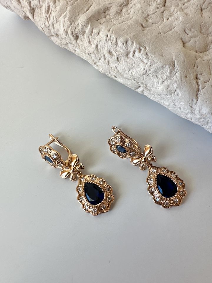 Lacivert Zirkon Taş Detaylı Vintage Prenses Küpe
