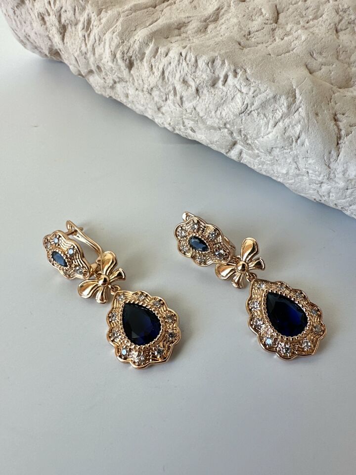Lacivert Zirkon Taş Detaylı Vintage Prenses Küpe