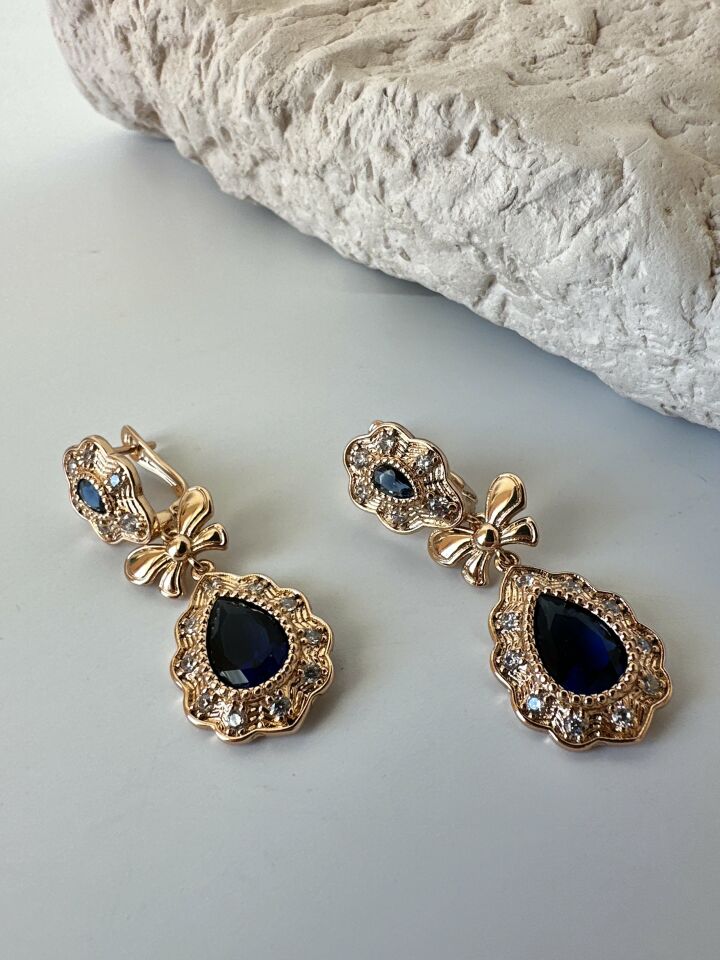 Lacivert Zirkon Taş Detaylı Vintage Prenses Küpe