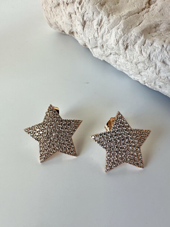Zirkon Taş Kaplama Yıldız Model Gold Küpe