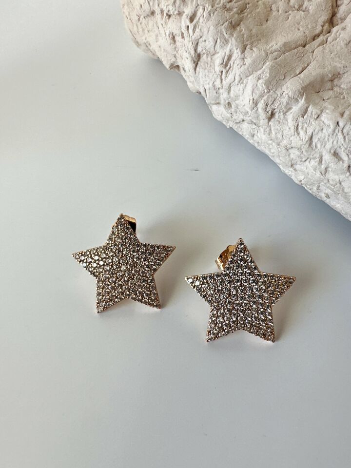 Zirkon Taş Kaplama Yıldız Model Gold Küpe