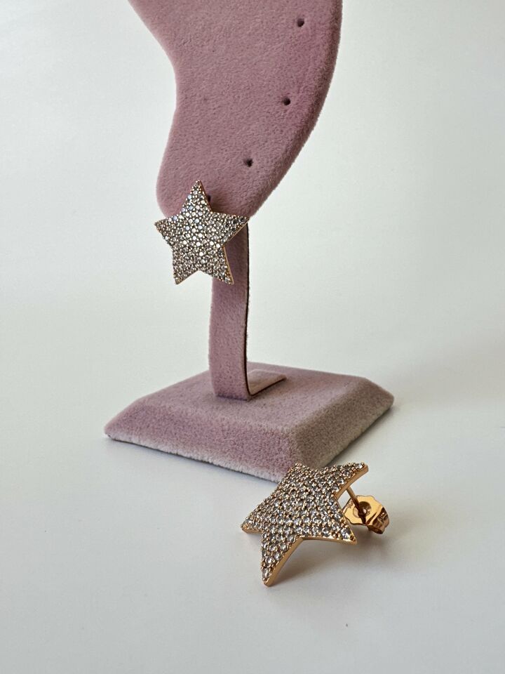 Zirkon Taş Kaplama Yıldız Model Gold Küpe