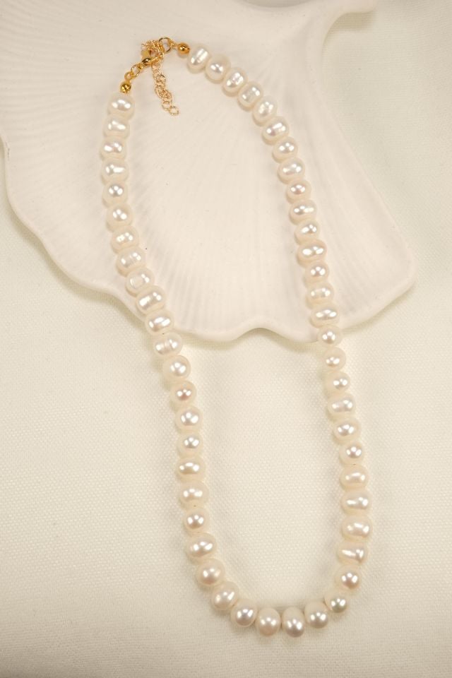 Vip Kalite Pirinç Üzeri Altın Kaplama A++ 7-8 mm Tatlı Su İncisi Choker Kolye