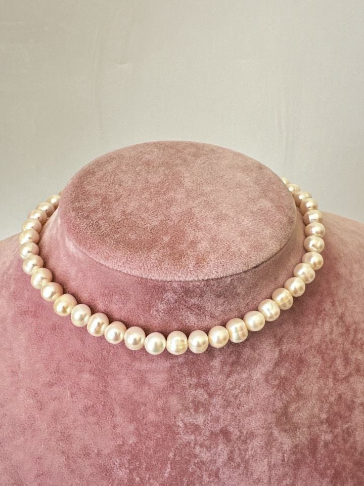 Vip Kalite Pirinç Üzeri Altın Kaplama A++ 7-8 mm Tatlı Su İncisi Choker Kolye