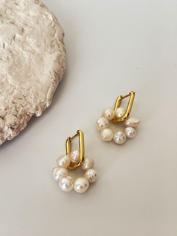 14K Altın Kaplama Gerçek İnci Küpe (Tasarım)