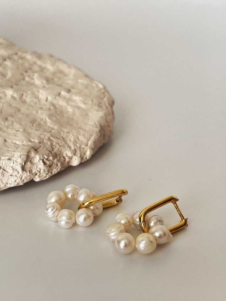 14K Altın Kaplama Gerçek İnci Küpe (Tasarım)