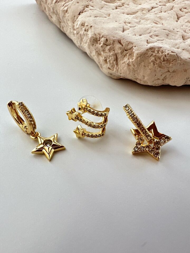 Yıldız Sallantılı Vip 3'lü Çelik Küpe Set