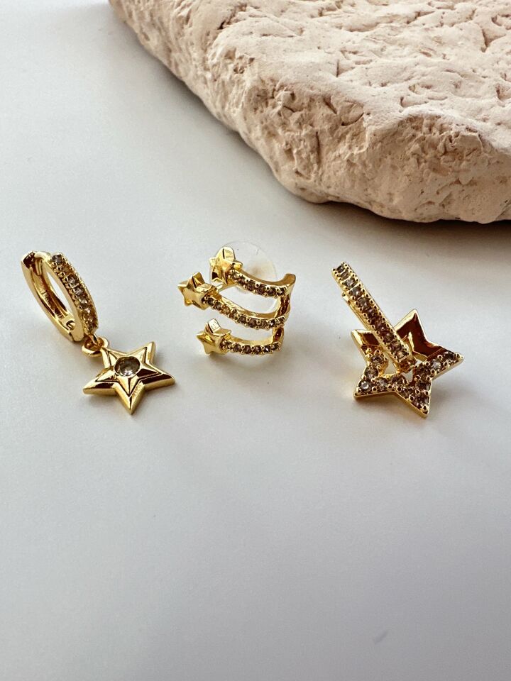 Yıldız Sallantılı Vip 3'lü Çelik Küpe Set