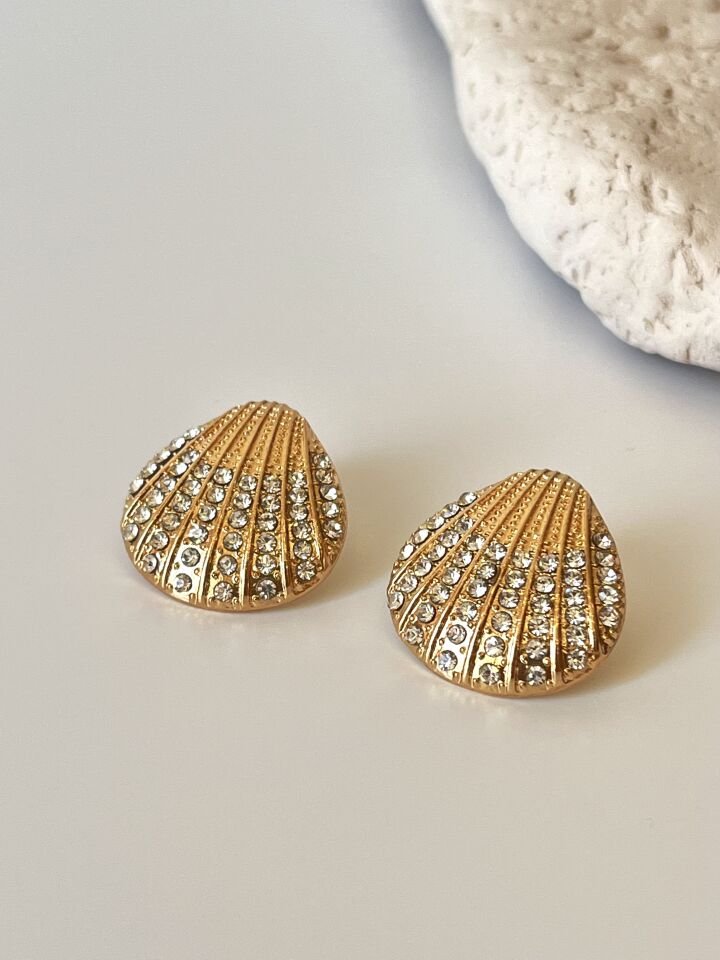 14K Altın Kaplama Zirkon Taşlı İstiridye Model Küpe