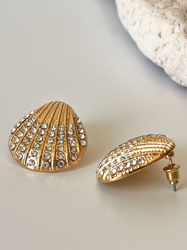 14K Altın Kaplama Zirkon Taşlı İstiridye Model Küpe