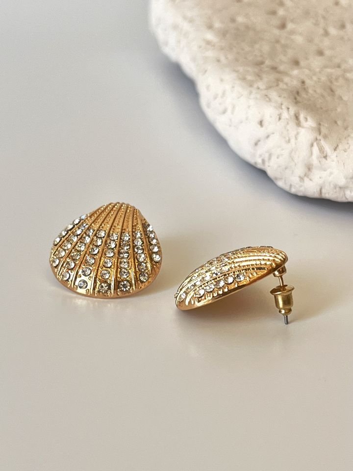 14K Altın Kaplama Zirkon Taşlı İstiridye Model Küpe