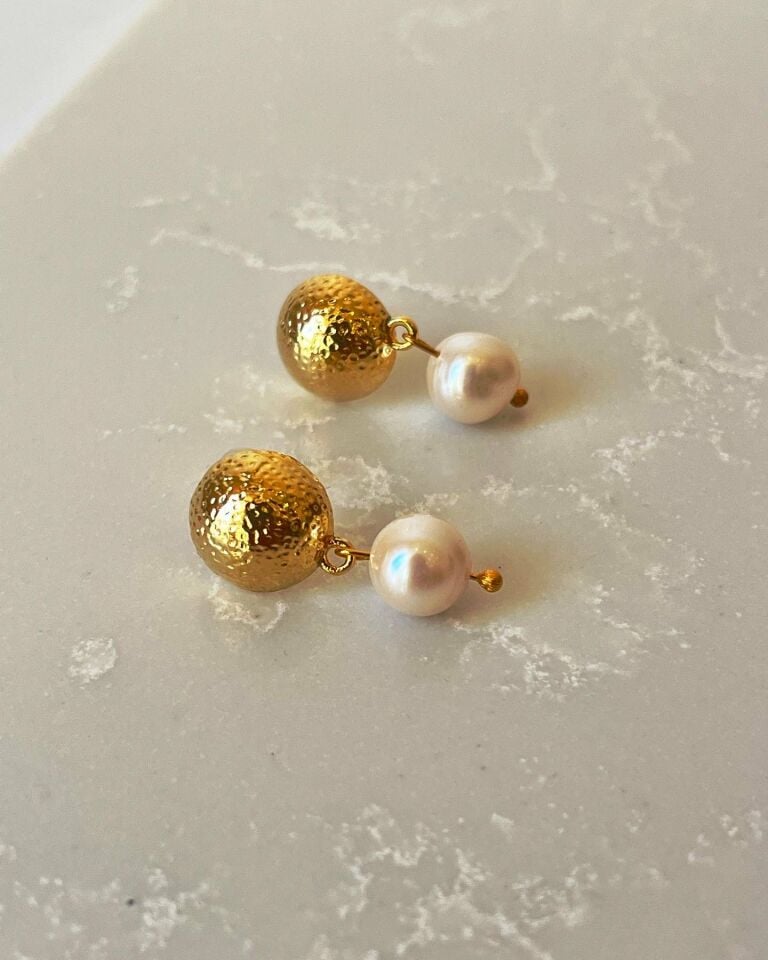 14k Altın Kaplama Gerçek Inci Halka Küpe (tasarım)