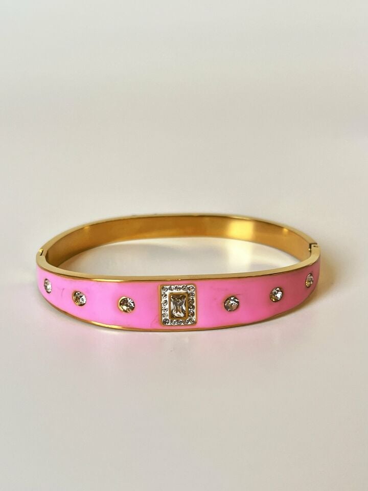 Zirkon Taş Detaylı Pembe Mineli Çelik Bileklik