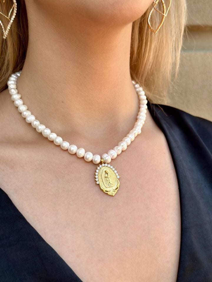 Zirkon Taşlı Meryem Ana Model Gerçek İnci Kolye