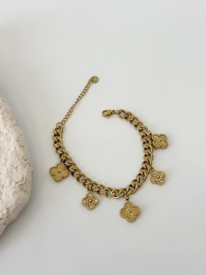 Çelik Gold Renk Zirkon Taşlı Yonca Model Bileklik