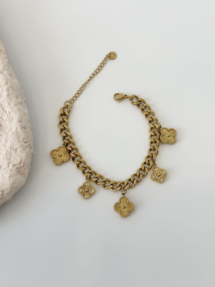 Çelik Gold Renk Zirkon Taşlı Yonca Model Bileklik