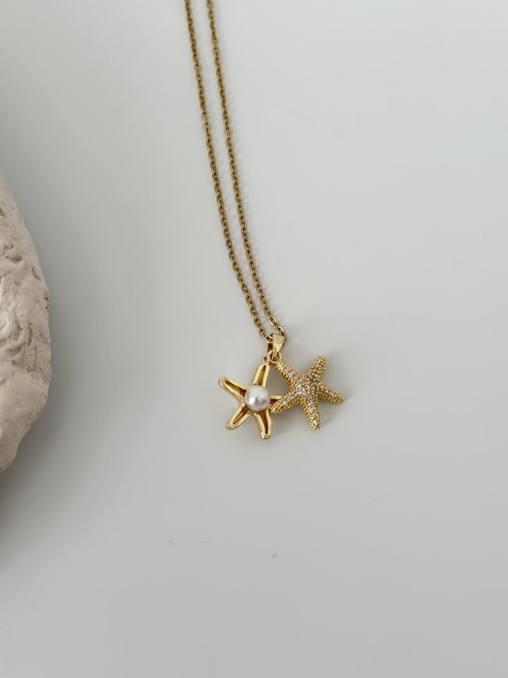 Çelik Gold Renk Zirkon Taşlı Açılır Deniz Yıldız Model İnci Detay Kadın Kolye
