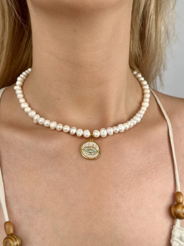 Zirkon Taşlı Göz Model Altın Kaplama Gerçek İnci Kolye