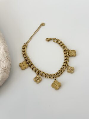 Çelik Gold Renk Zirkon Taşlı Yonca Model Bileklik