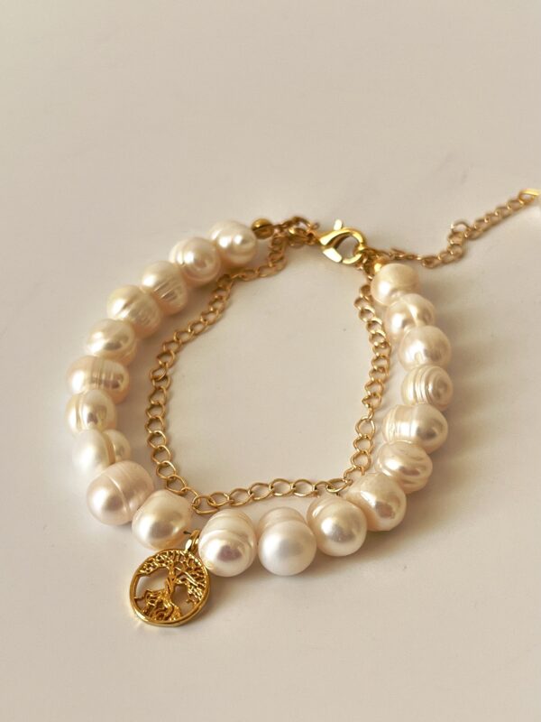 Hayat Ağacı Model Altın Kaplama Gerçek İnci Bileklik