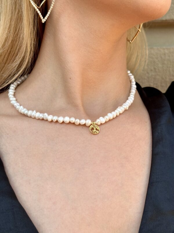 Pirinç Üzeri Altın Kaplama Hayat Ağacı Detaylı Gerçek İnci Kolye