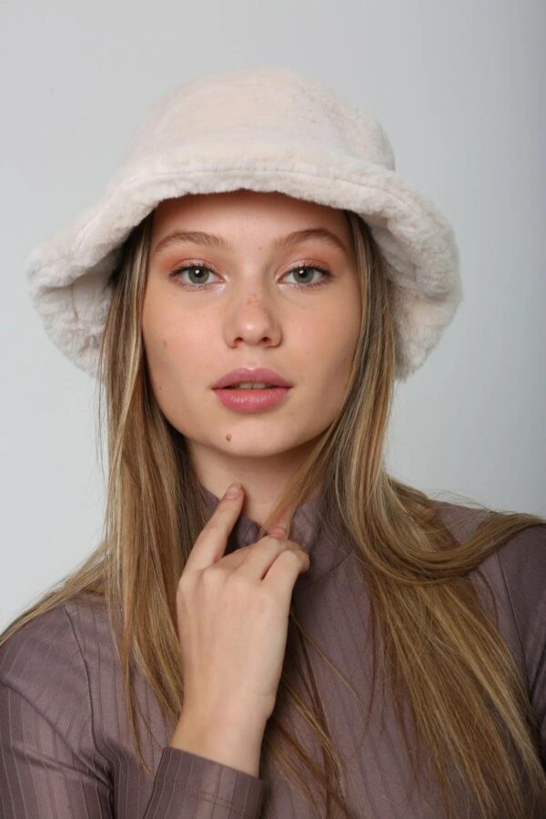 Kadın Bej Peluş Bucket Şapka