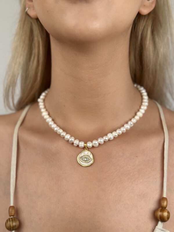 Zirkon Taşlı Göz Model Altın Kaplama Gerçek İnci Kolye