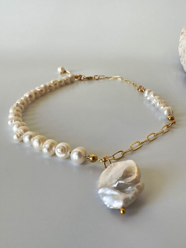 Barok İnci Detaylı 24K Altın Kaplama Zincir Detaylı İnci Kolye