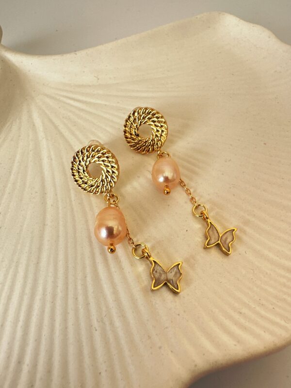 Sedefli Kelebek Detaylı Somon İnci Kolye Bileklik ve Küpe Set